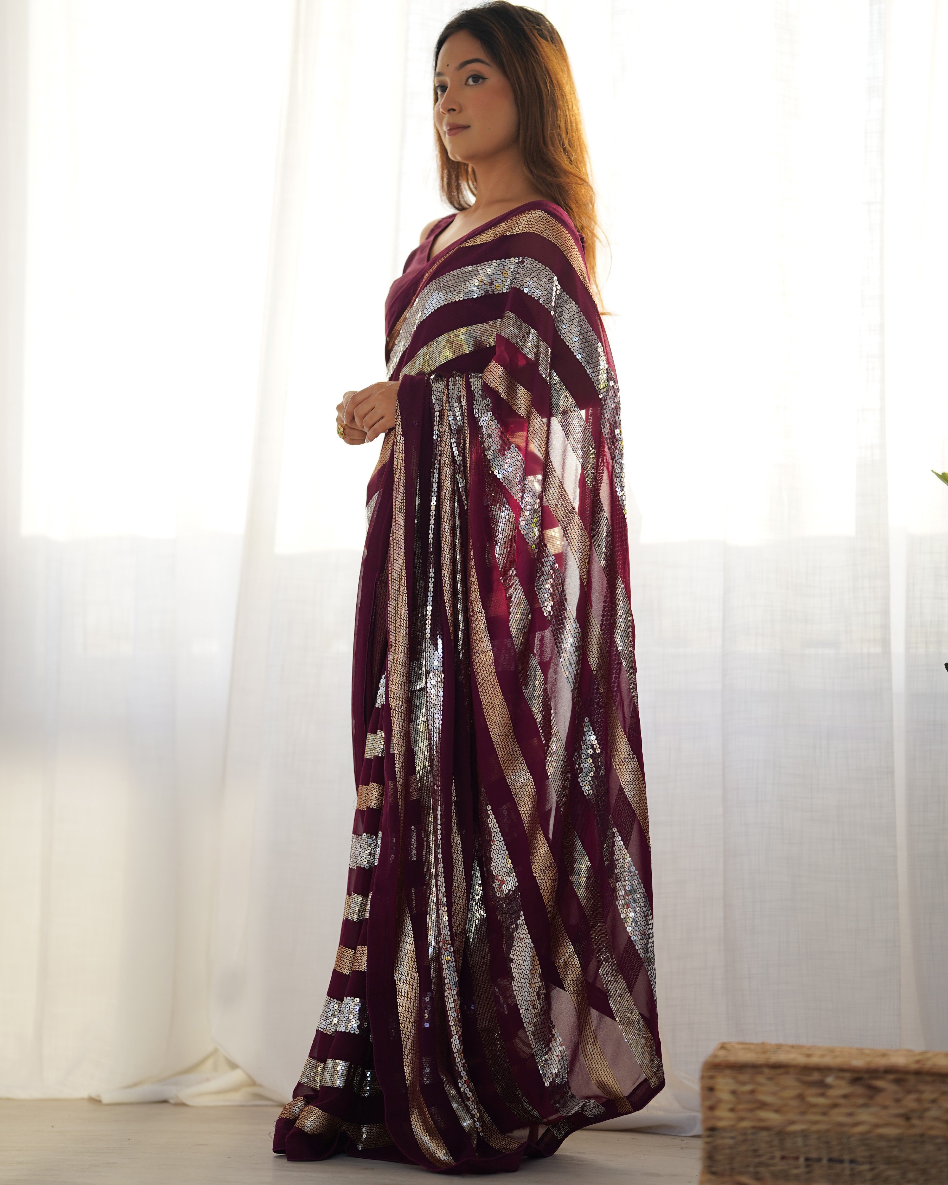 Regal Wine Georgette Saree | Designer Sequance Embroidery with Mono Banglori Blouse