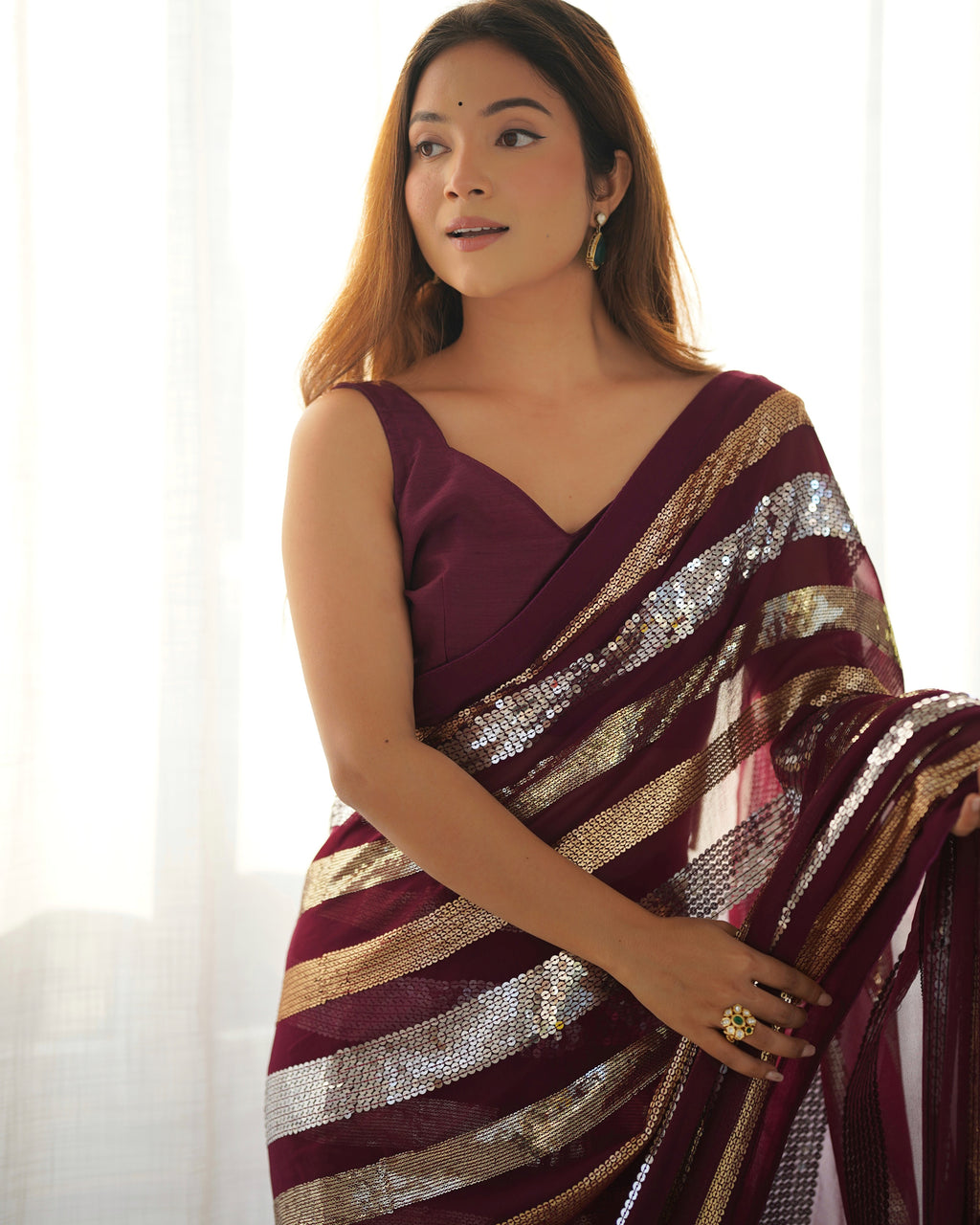 Regal Wine Georgette Saree | Designer Sequance Embroidery with Mono Banglori Blouse