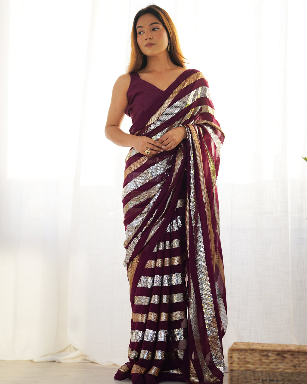 Regal Wine Georgette Saree | Designer Sequance Embroidery with Mono Banglori Blouse