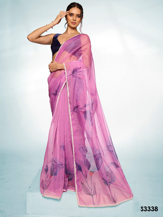 Royal Purple Organza Saree | Designer Printed Art Silk Blouse Ensemble