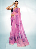 Royal Purple Organza Saree | Designer Printed Art Silk Blouse Ensemble