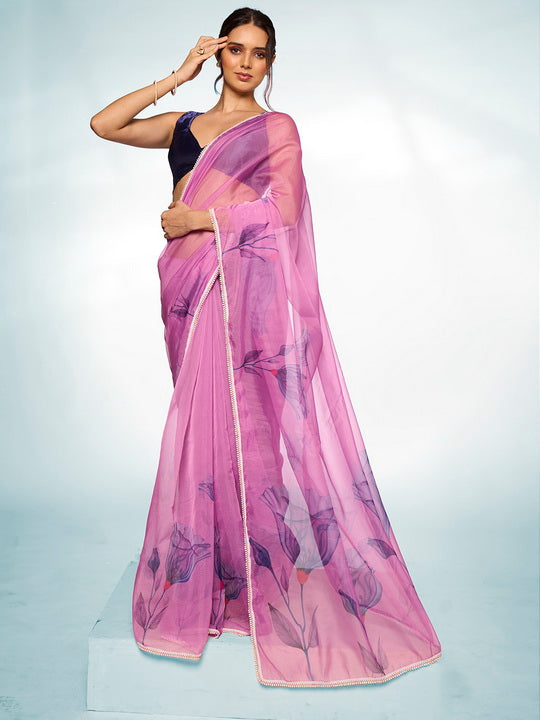 Royal Purple Organza Saree | Designer Printed Art Silk Blouse Ensemble