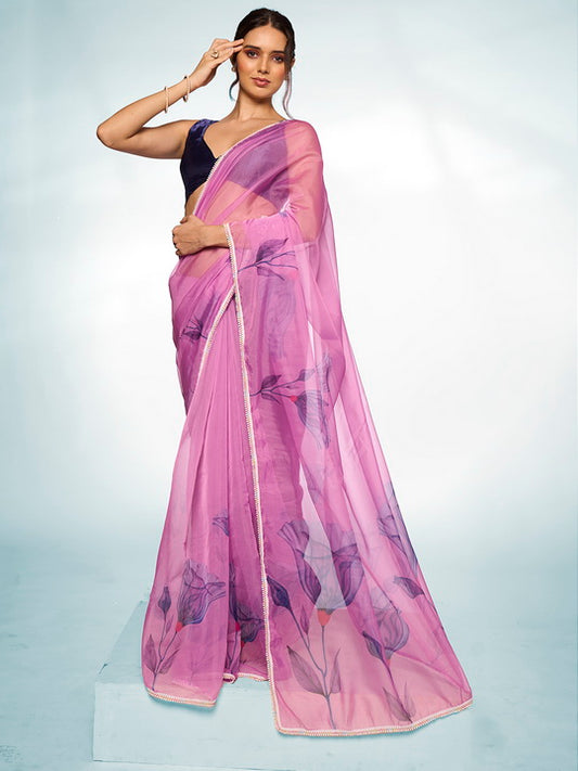 Royal Purple Organza Saree | Designer Printed Art Silk Blouse Ensemble