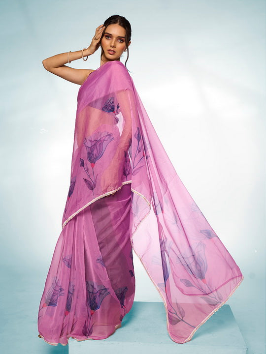 Royal Purple Organza Saree | Designer Printed Art Silk Blouse Ensemble