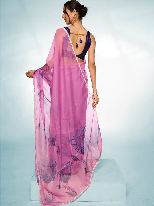 Royal Purple Organza Saree | Designer Printed Art Silk Blouse Ensemble