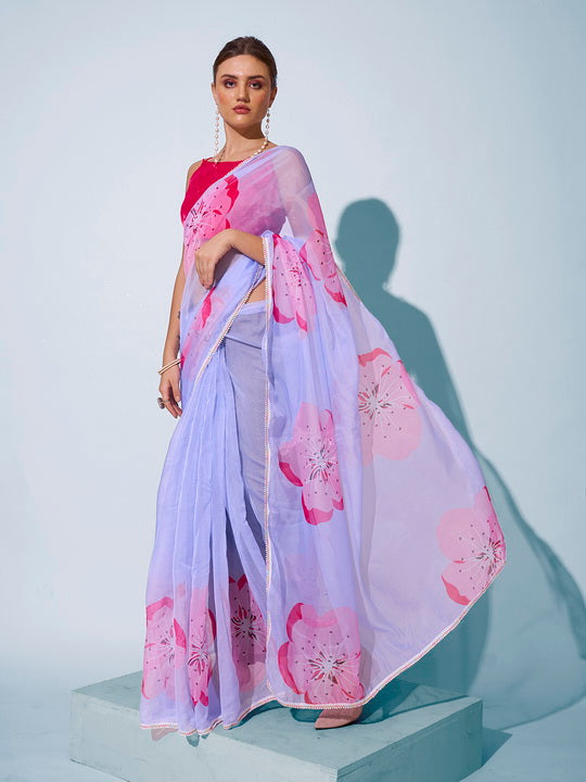 Ethereal Sky Blue Organza Saree | Designer Printed Art Silk Blouse Ensemble