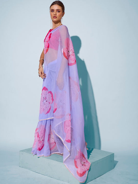Ethereal Sky Blue Organza Saree | Designer Printed Art Silk Blouse Ensemble