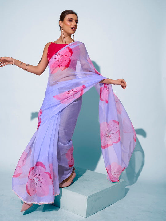 Ethereal Sky Blue Organza Saree | Designer Printed Art Silk Blouse Ensemble