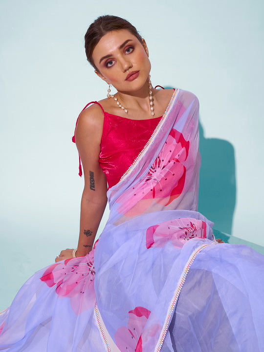 Ethereal Sky Blue Organza Saree | Designer Printed Art Silk Blouse Ensemble
