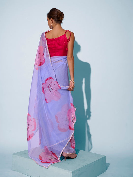 Ethereal Sky Blue Organza Saree | Designer Printed Art Silk Blouse Ensemble