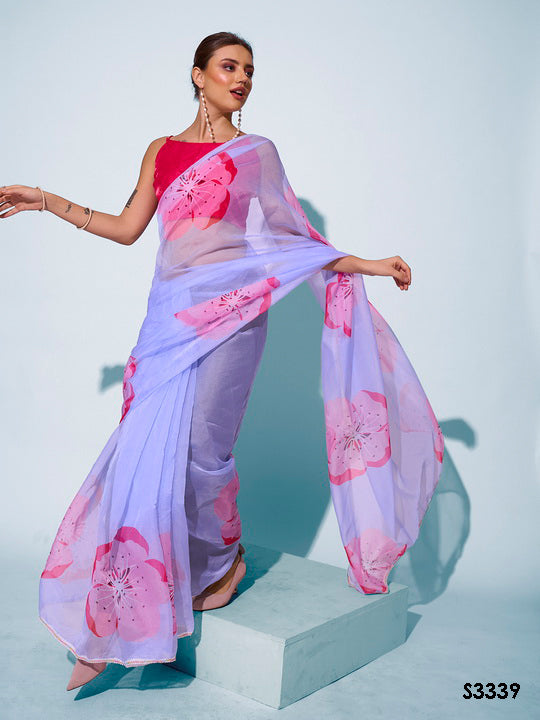 Ethereal Sky Blue Organza Saree | Designer Printed Art Silk Blouse Ensemble