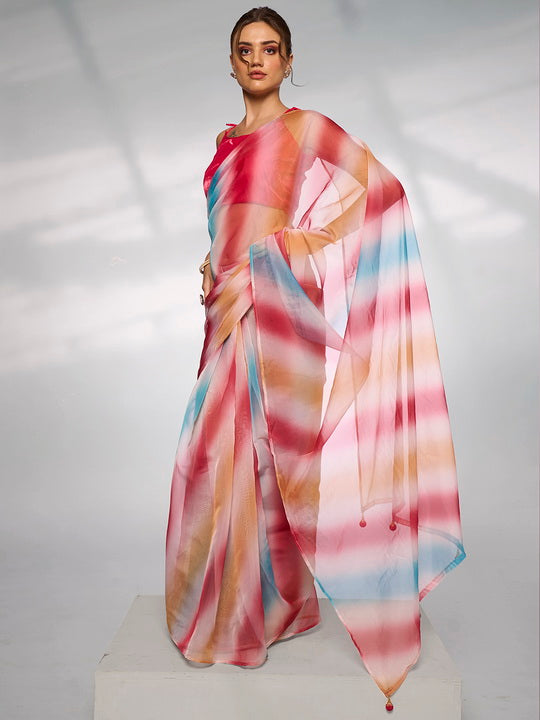 Vibrant Multicolor Organza Saree | Designer Printed Art Silk Blouse Ensemble