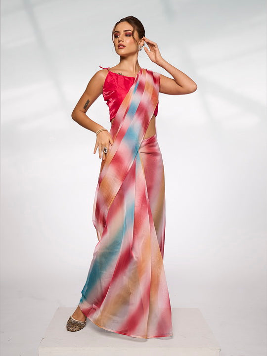 Vibrant Multicolor Organza Saree | Designer Printed Art Silk Blouse Ensemble