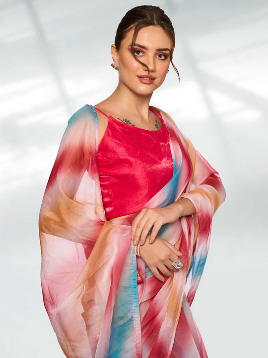 Vibrant Multicolor Organza Saree | Designer Printed Art Silk Blouse Ensemble