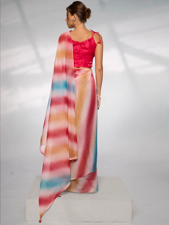 Vibrant Multicolor Organza Saree | Designer Printed Art Silk Blouse Ensemble