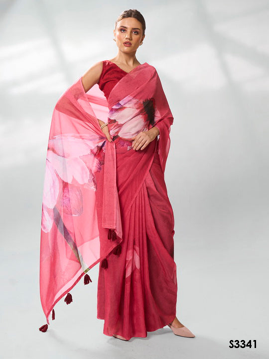 Regal Burgundy Organza Saree | Designer Printed Art Silk Blouse Ensemble
