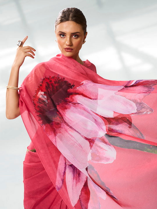 Regal Burgundy Organza Saree | Designer Printed Art Silk Blouse Ensemble