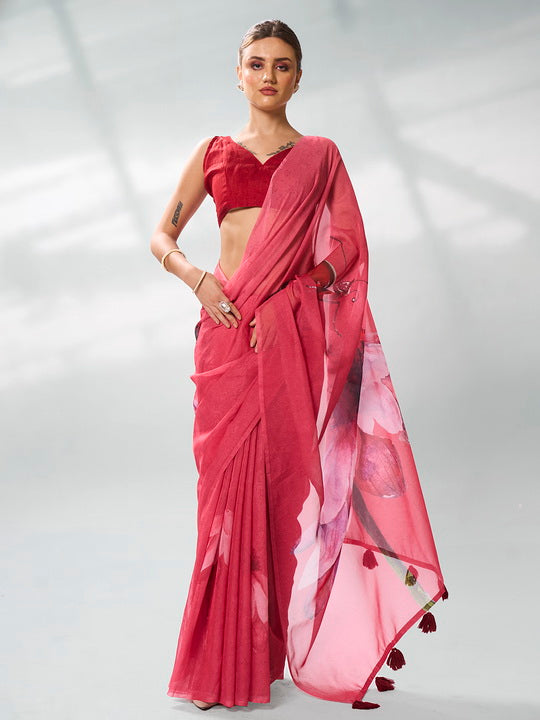 Regal Burgundy Organza Saree | Designer Printed Art Silk Blouse Ensemble