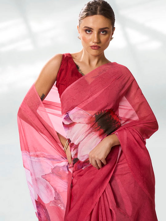 Regal Burgundy Organza Saree | Designer Printed Art Silk Blouse Ensemble