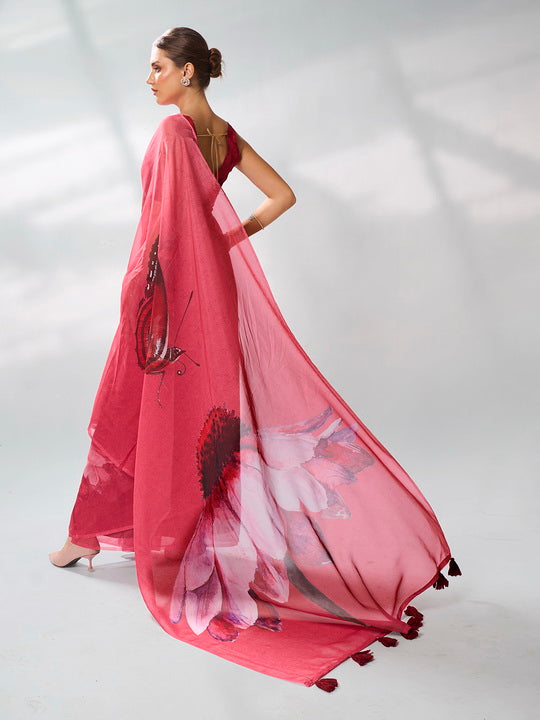 Regal Burgundy Organza Saree | Designer Printed Art Silk Blouse Ensemble