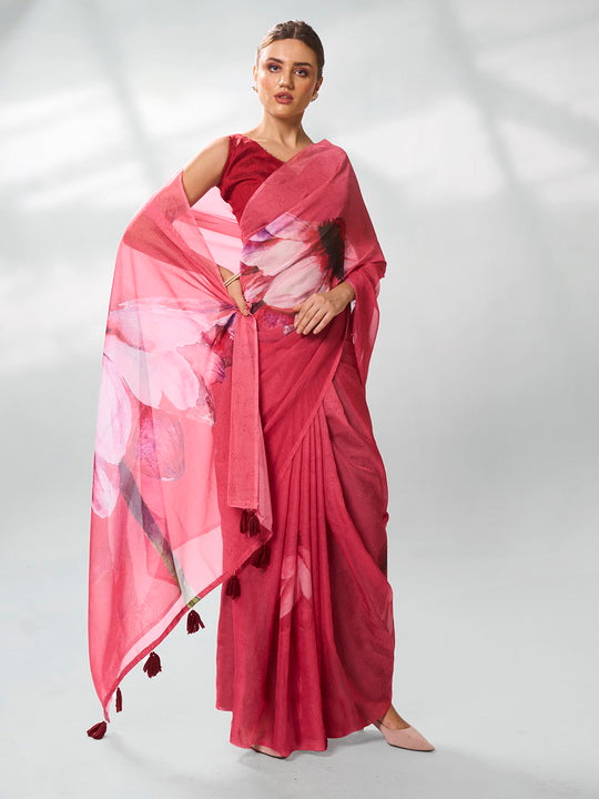 Regal Burgundy Organza Saree | Designer Printed Art Silk Blouse Ensemble