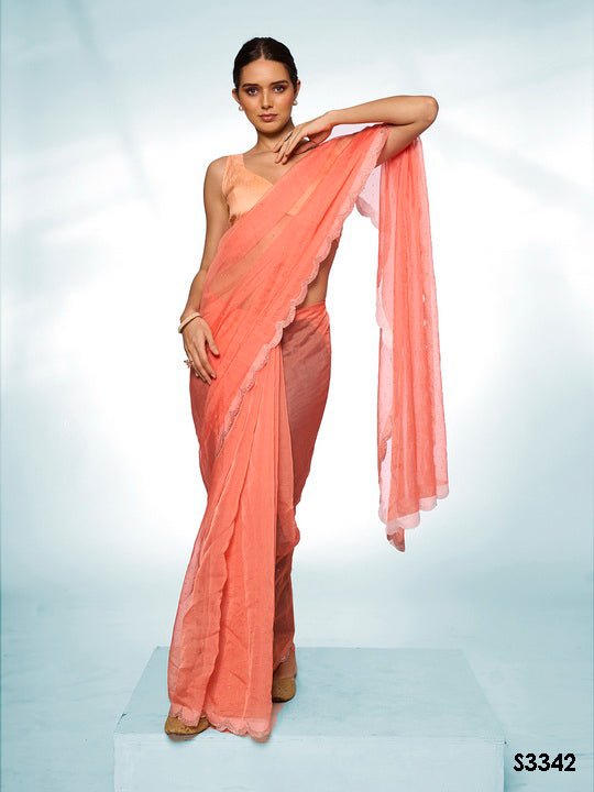 Vibrant Orange Organza Saree | Swarovski Designer Art Silk Blouse Ensemble