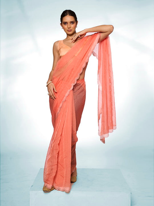 Vibrant Orange Organza Saree | Swarovski Designer Art Silk Blouse Ensemble
