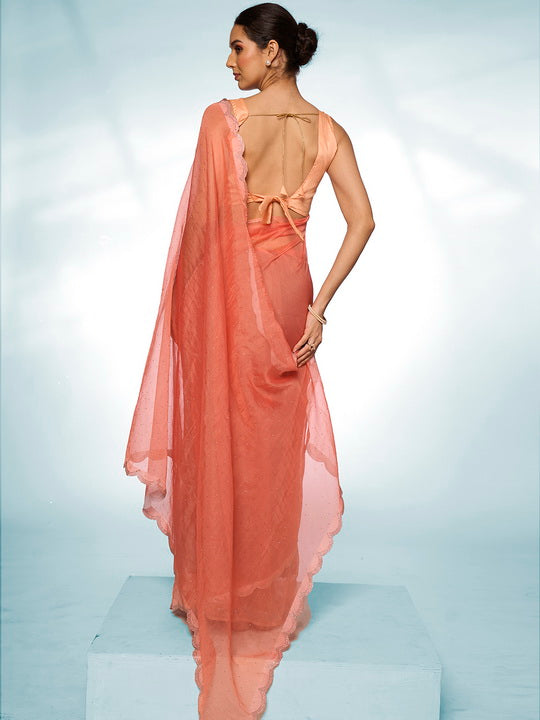 Vibrant Orange Organza Saree | Swarovski Designer Art Silk Blouse Ensemble