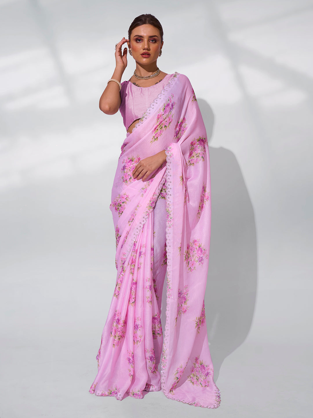 Blushing Pink Satin Shimmer Saree | Designer Printed Art Silk Blouse Ensemble