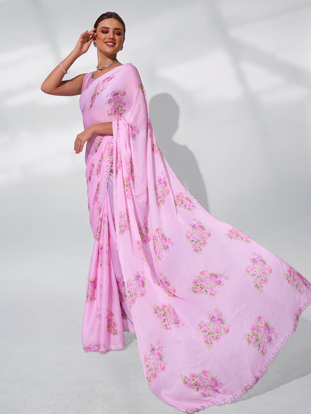 Blushing Pink Satin Shimmer Saree | Designer Printed Art Silk Blouse Ensemble