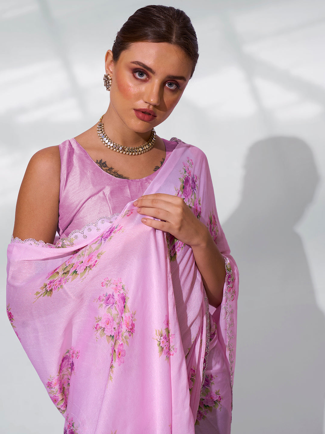 Blushing Pink Satin Shimmer Saree | Designer Printed Art Silk Blouse Ensemble