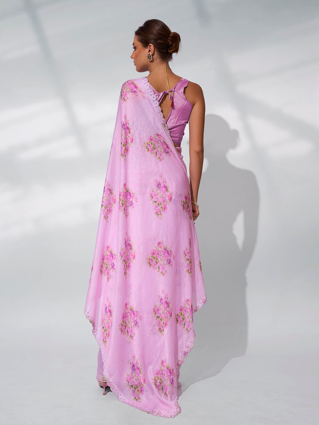 Blushing Pink Satin Shimmer Saree | Designer Printed Art Silk Blouse Ensemble