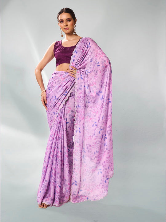 Serene Lavender Satin Georgette Saree | Designer Printed Art Silk Blouse Ensemble