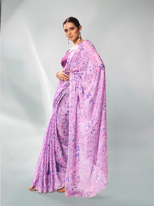 Serene Lavender Satin Georgette Saree | Designer Printed Art Silk Blouse Ensemble