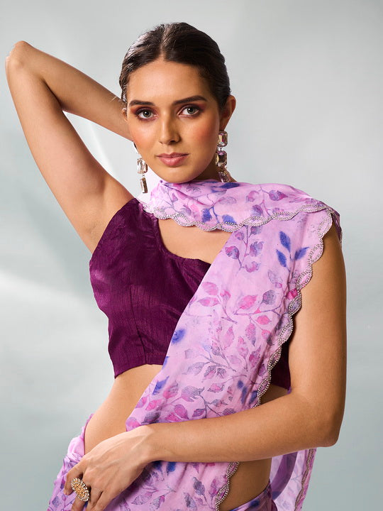 Serene Lavender Satin Georgette Saree | Designer Printed Art Silk Blouse Ensemble
