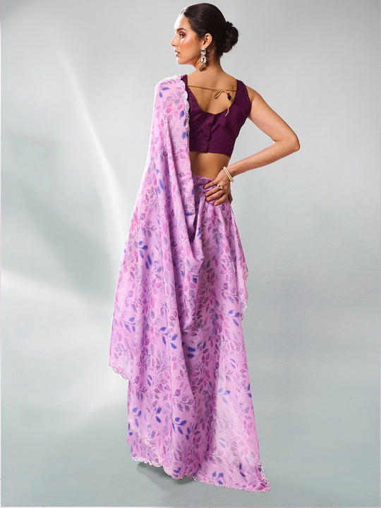 Serene Lavender Satin Georgette Saree | Designer Printed Art Silk Blouse Ensemble