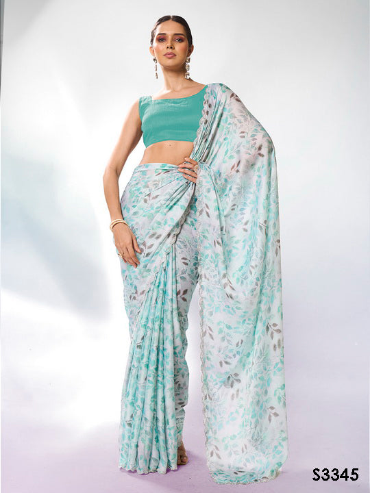 Tranquil Sea Green Satin Georgette Saree | Designer Printed Art Silk Blouse Ensemble