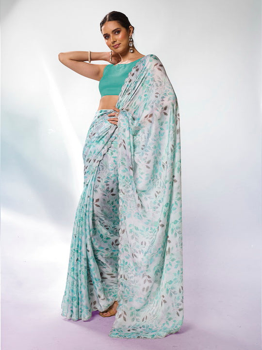 Tranquil Sea Green Satin Georgette Saree | Designer Printed Art Silk Blouse Ensemble