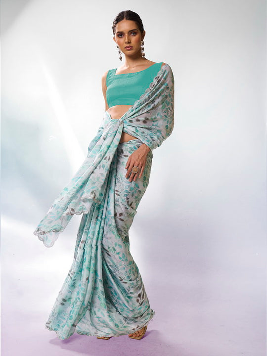 Tranquil Sea Green Satin Georgette Saree | Designer Printed Art Silk Blouse Ensemble