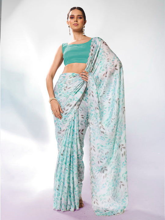 Tranquil Sea Green Satin Georgette Saree | Designer Printed Art Silk Blouse Ensemble