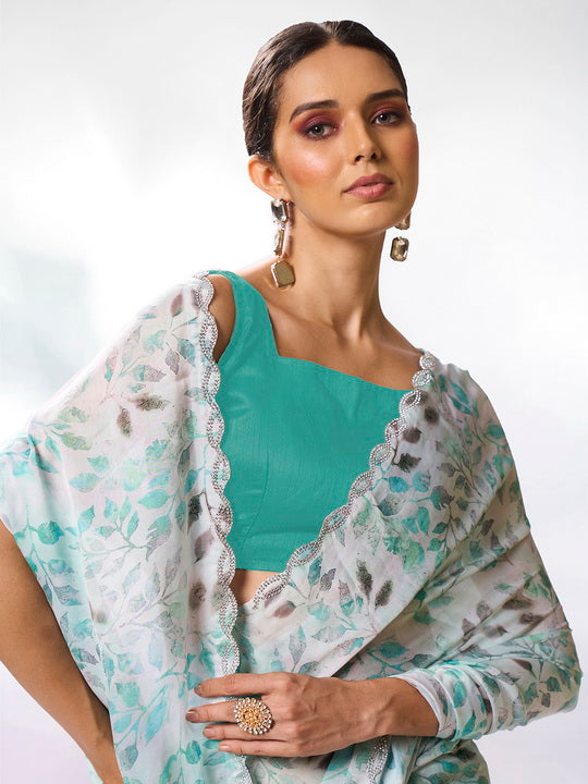 Tranquil Sea Green Satin Georgette Saree | Designer Printed Art Silk Blouse Ensemble