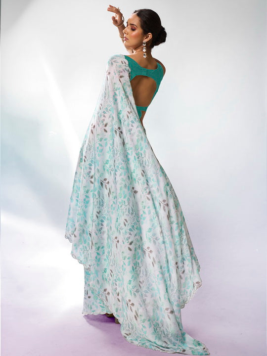 Tranquil Sea Green Satin Georgette Saree | Designer Printed Art Silk Blouse Ensemble