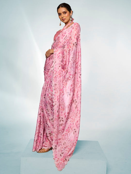 Elegant Pink Satin Georgette Saree | Designer Printed Art Silk Blouse Ensemble