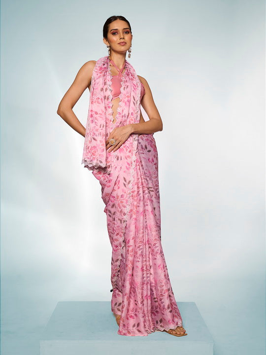 Elegant Pink Satin Georgette Saree | Designer Printed Art Silk Blouse Ensemble