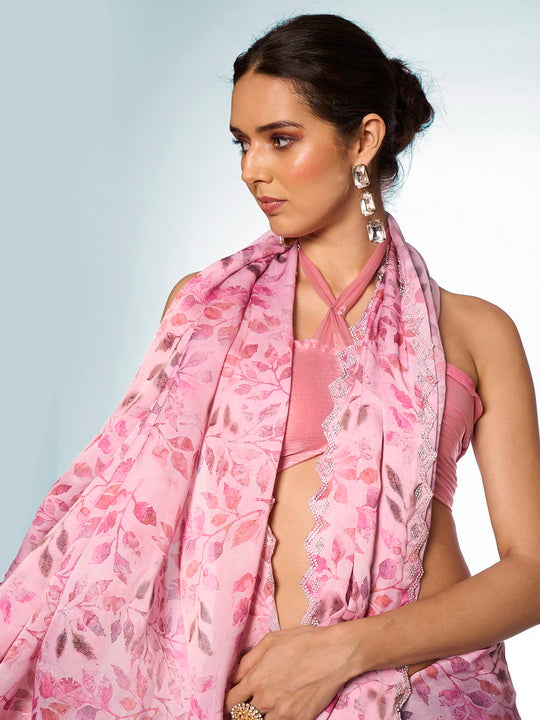 Elegant Pink Satin Georgette Saree | Designer Printed Art Silk Blouse Ensemble