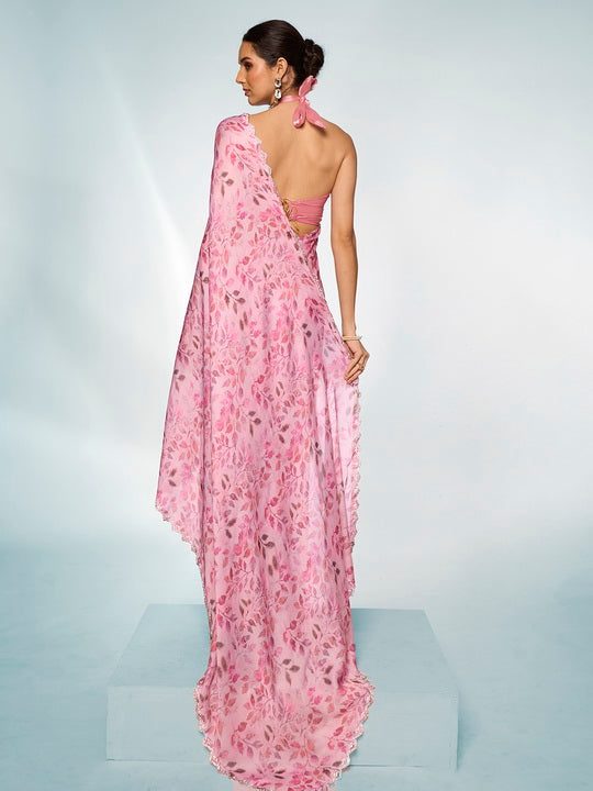 Elegant Pink Satin Georgette Saree | Designer Printed Art Silk Blouse Ensemble