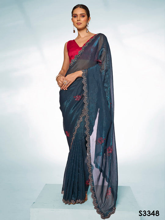 Majestic Teal Blue Slub Organza Saree | Swarovski Designer Art Silk Blouse Ensemble
