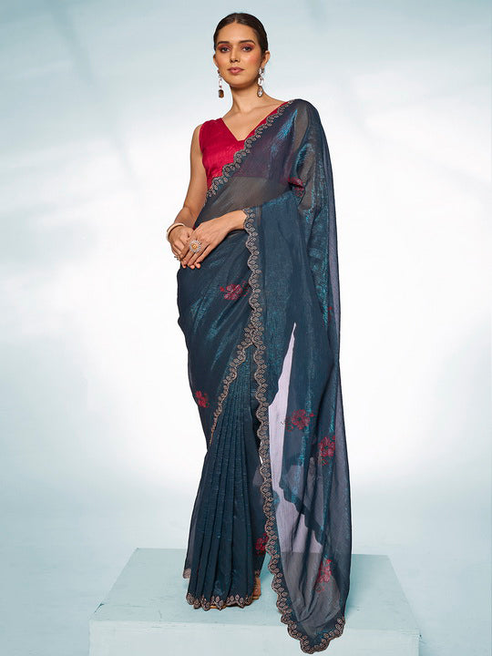 Majestic Teal Blue Slub Organza Saree | Swarovski Designer Art Silk Blouse Ensemble