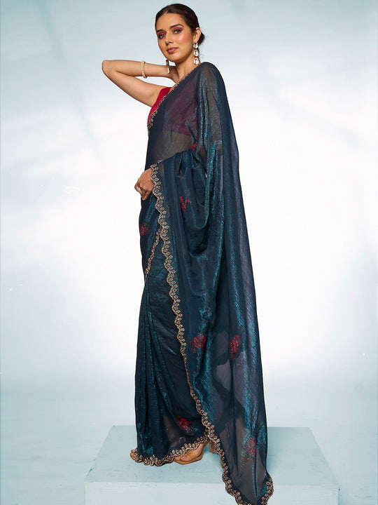 Majestic Teal Blue Slub Organza Saree | Swarovski Designer Art Silk Blouse Ensemble