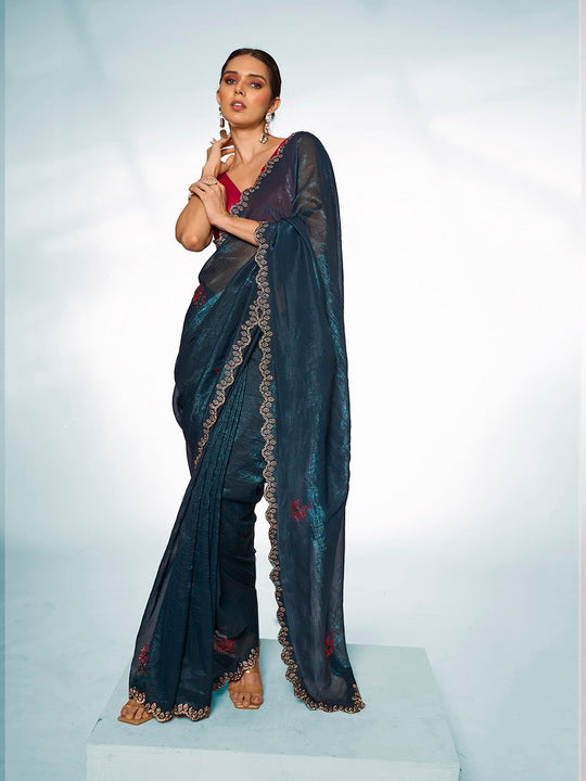 Majestic Teal Blue Slub Organza Saree | Swarovski Designer Art Silk Blouse Ensemble